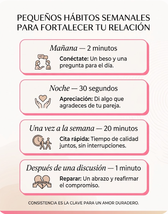 Cómo Ser una Buena Novia Infografía de hábitos semanales para fortalecer la relación